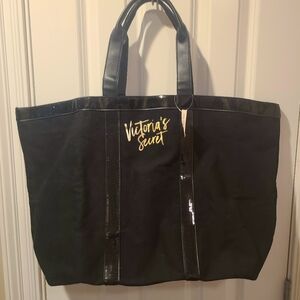 Victoria's Secret Black Tote, Metallic Trim, Logo in Shiny Gold on Front, NWT